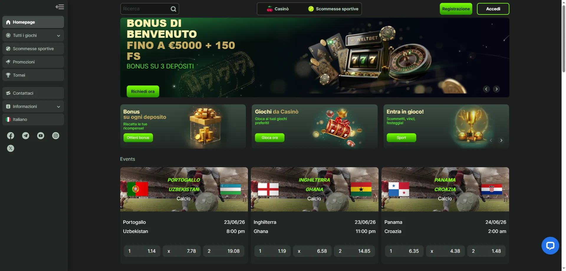 WeltBet Casino supporto clienti live chat croupier italiani